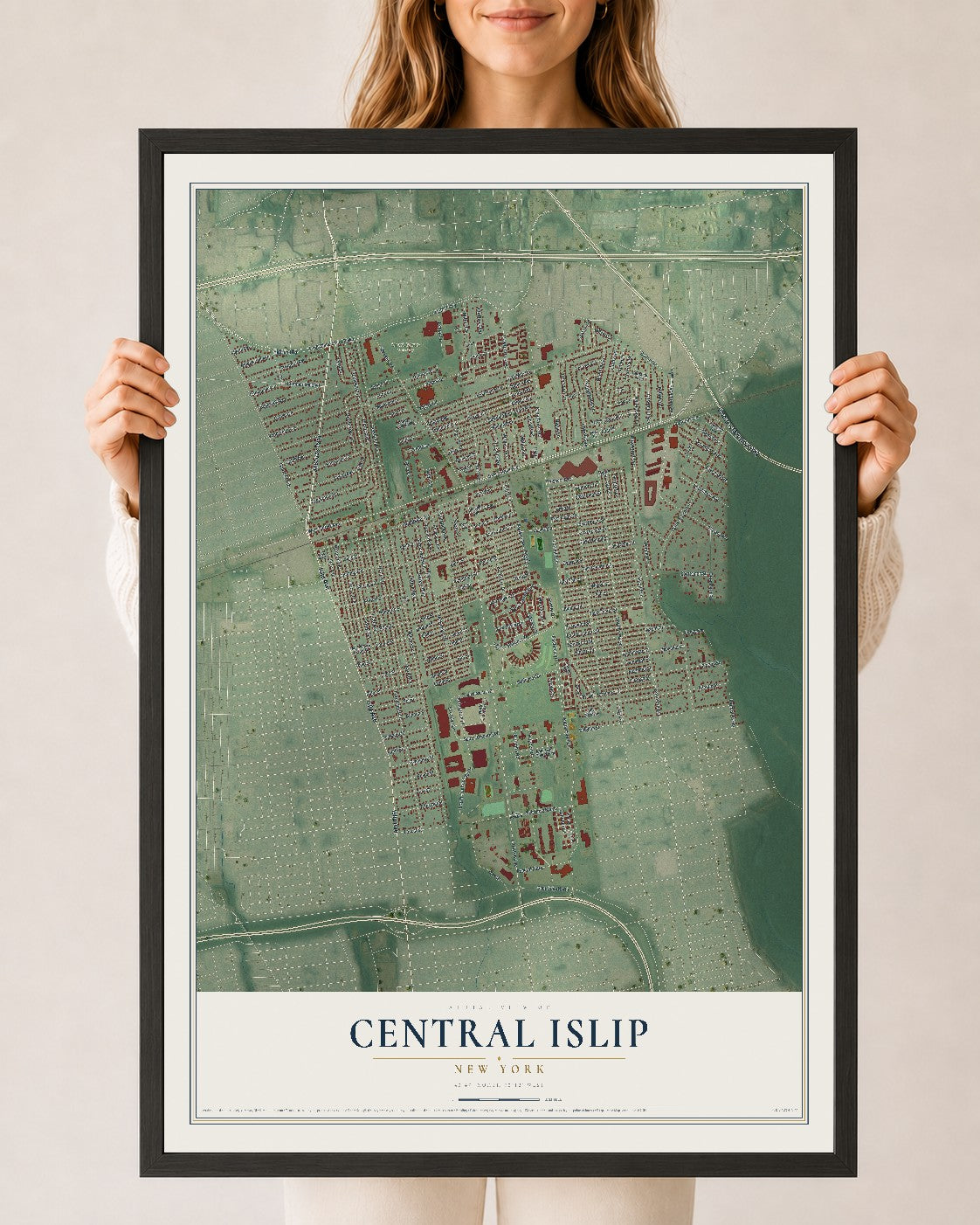 Central Islip, New York map print, 24" x 36" W/ Black Ayous Wood Frame mockup