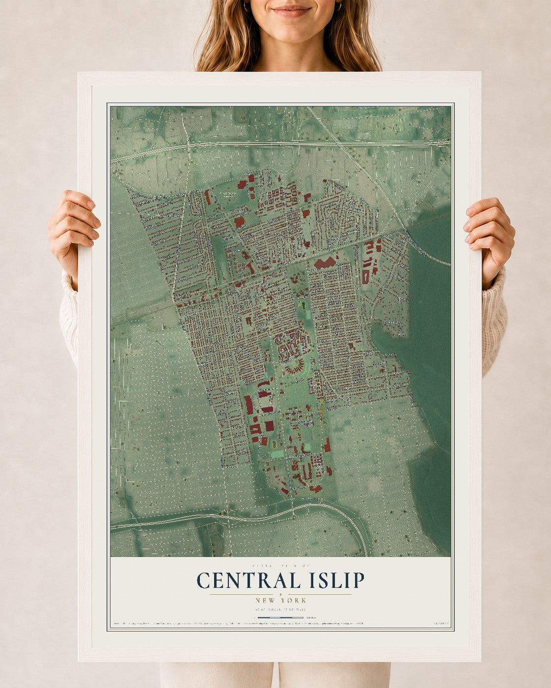 Central Islip, New York map print, 24" x 36" W/ White Ayous Wood Frame mockup