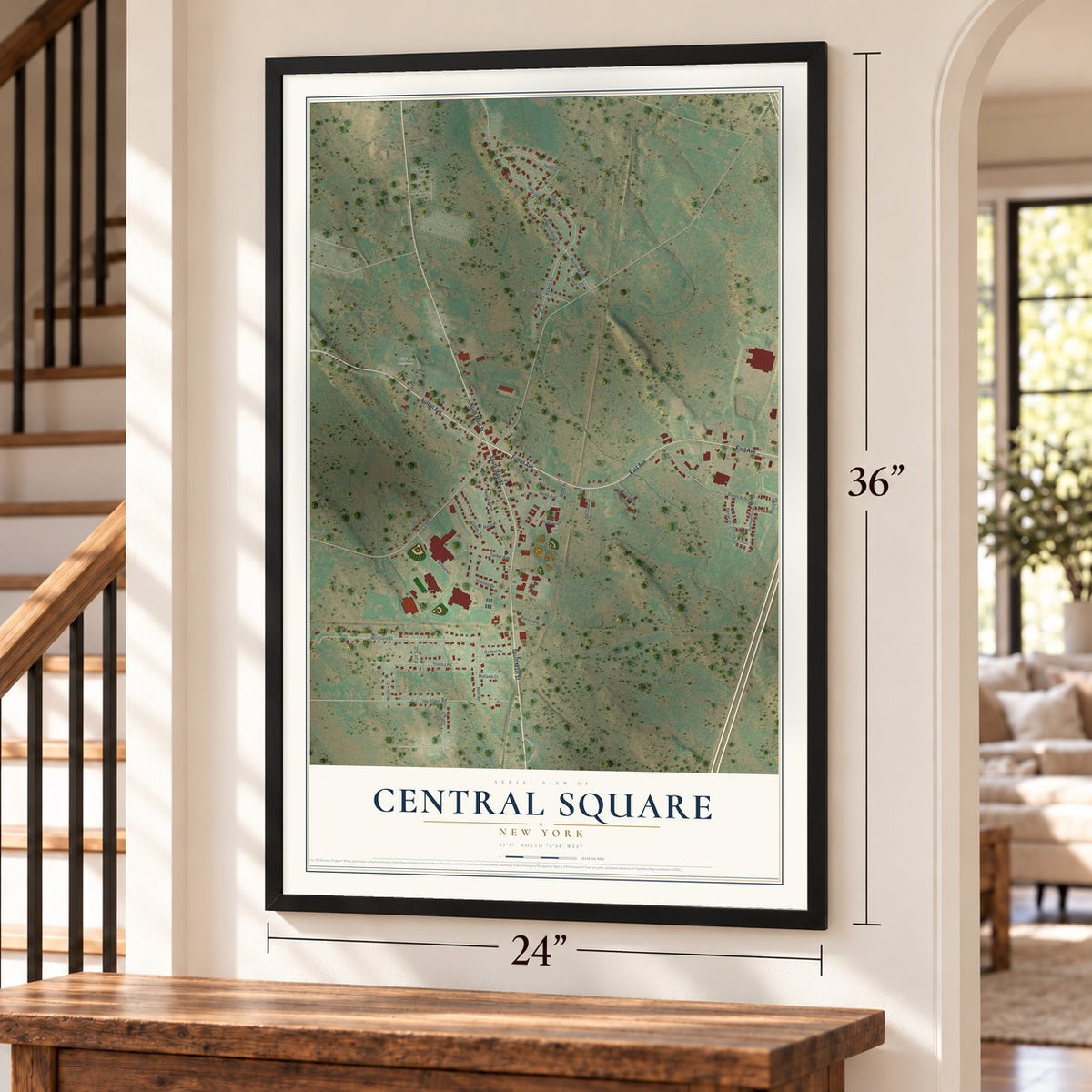 Central Square, New York map, 24 x 36 inch print in a black frame by a staircase