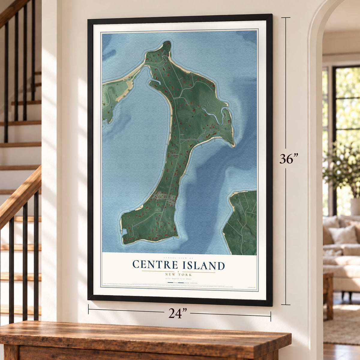 Centre Island, New York map, 24 x 36 inch print in a black frame by a staircase