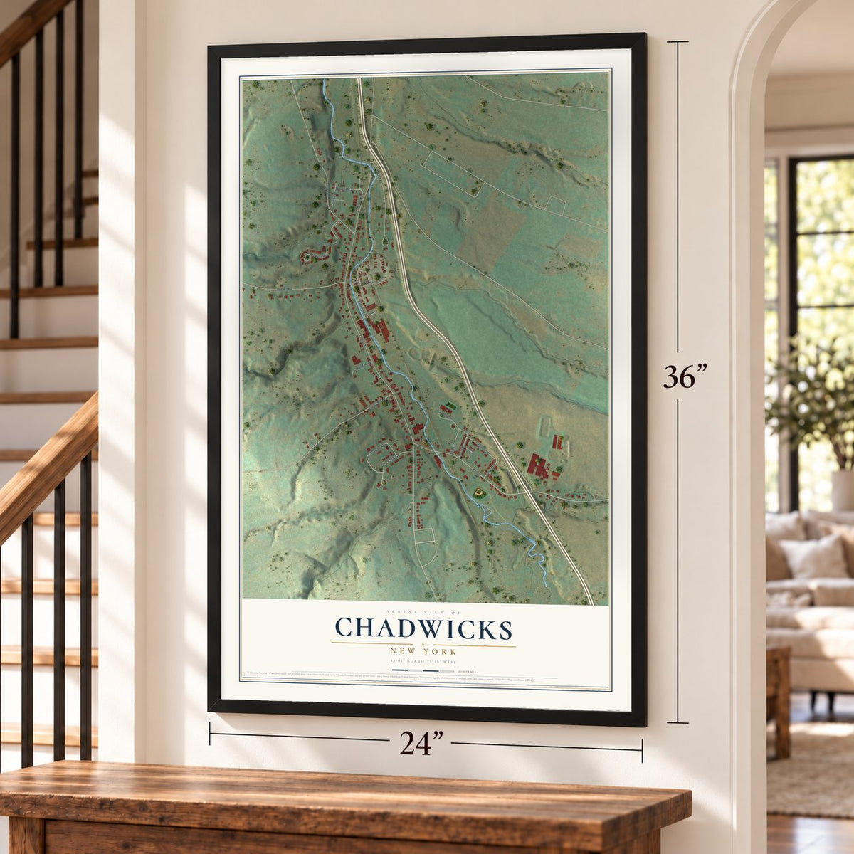 Chadwicks, New York map, 24 x 36 inch print in a black frame by a staircase