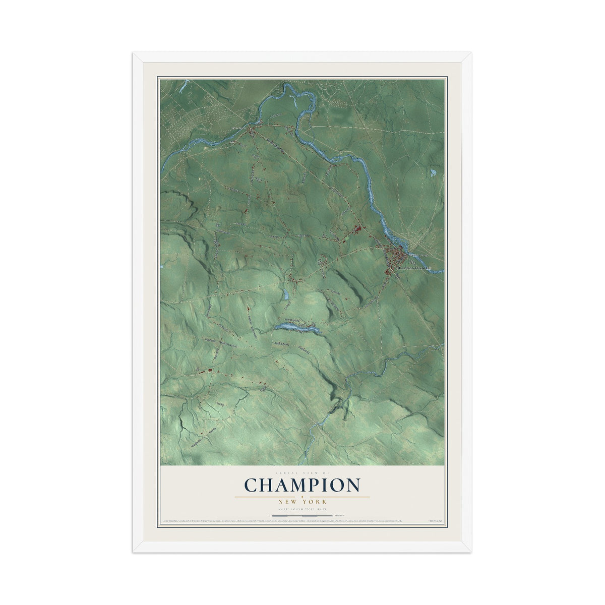 Champion, New York map print, 12" x 18" W/ White Ayous Wood Frame mockup