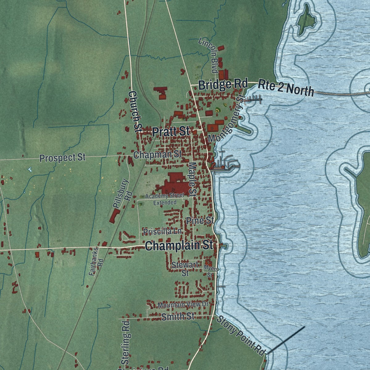 Close-up 1 of the Champlain, New York map artwork