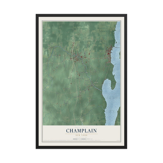 Map of Champlain, New York, 12 x 18 inch print in a black wood frame