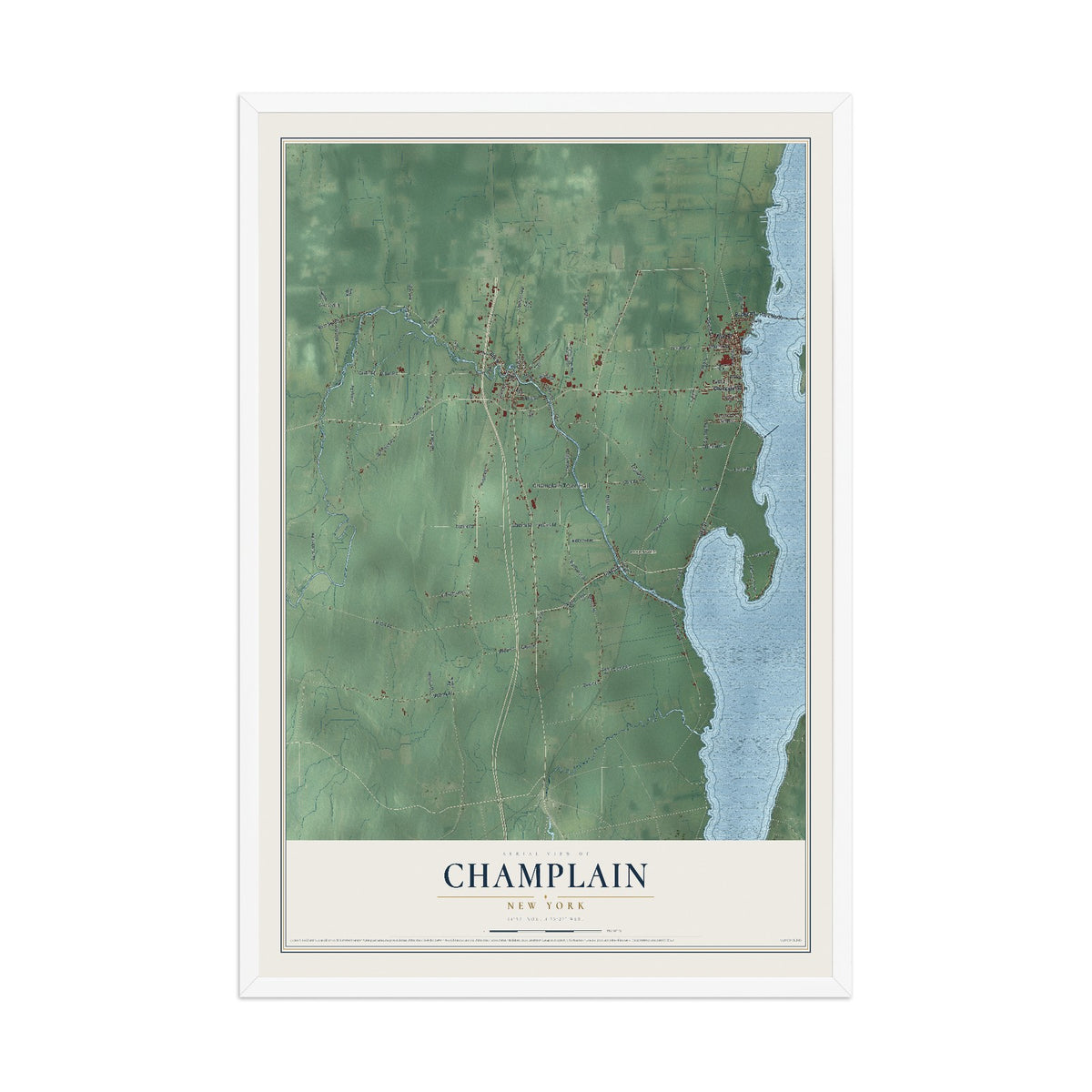 Map of Champlain, New York, 12 x 18 inch print in a white wood frame
