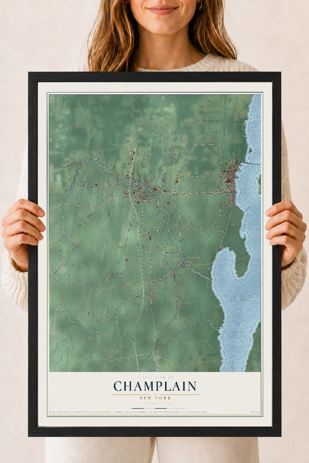 Map of Champlain, New York, 18 x 24 inch print in a black wood frame