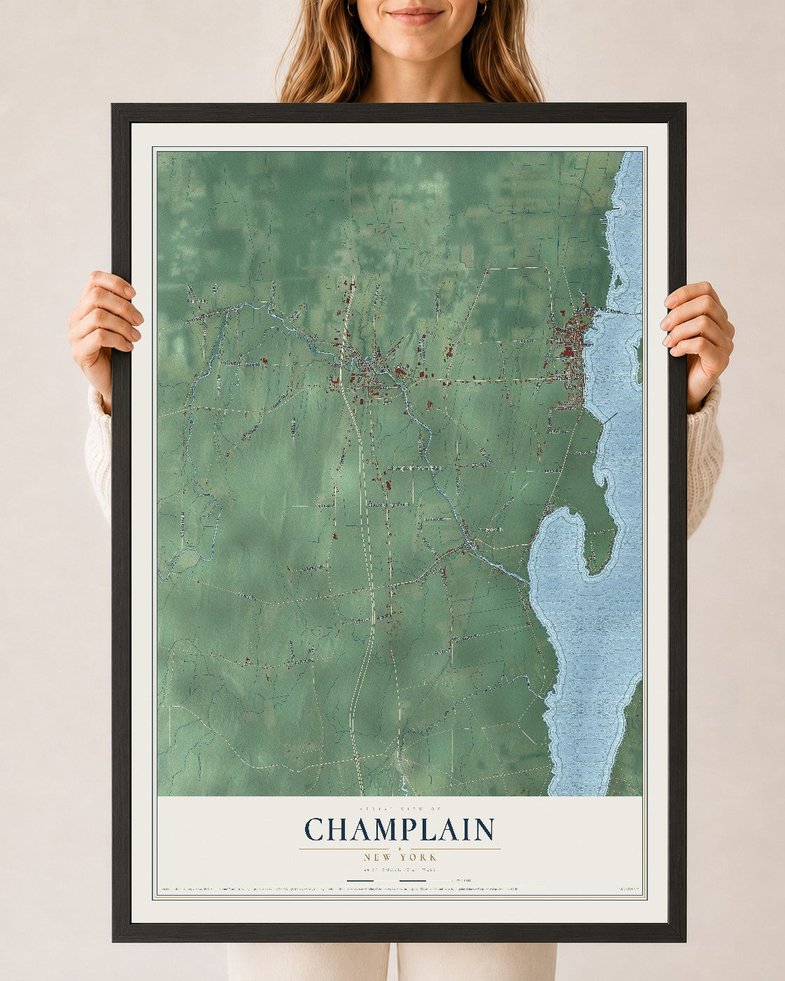 Map of Champlain, New York, 24 x 36 inch print in a black wood frame