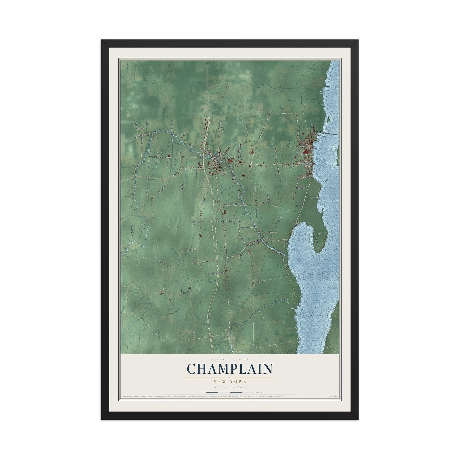 Champlain, New York map print, 12" x 18" W/ Black Ayous Wood Frame mockup