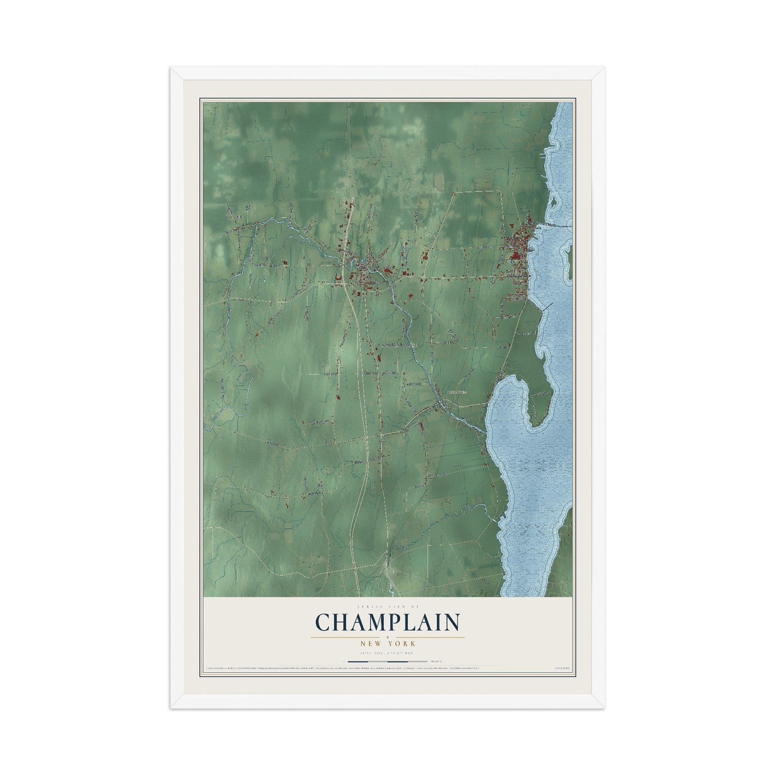 Champlain, New York map print, 12" x 18" W/ White Ayous Wood Frame mockup