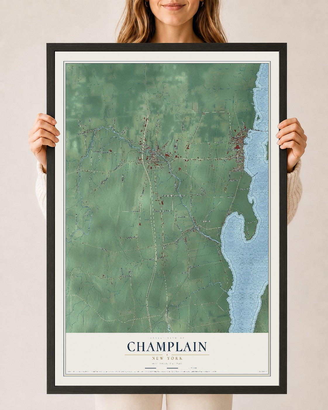 Champlain, New York map print, 24" x 36" W/ Black Ayous Wood Frame mockup