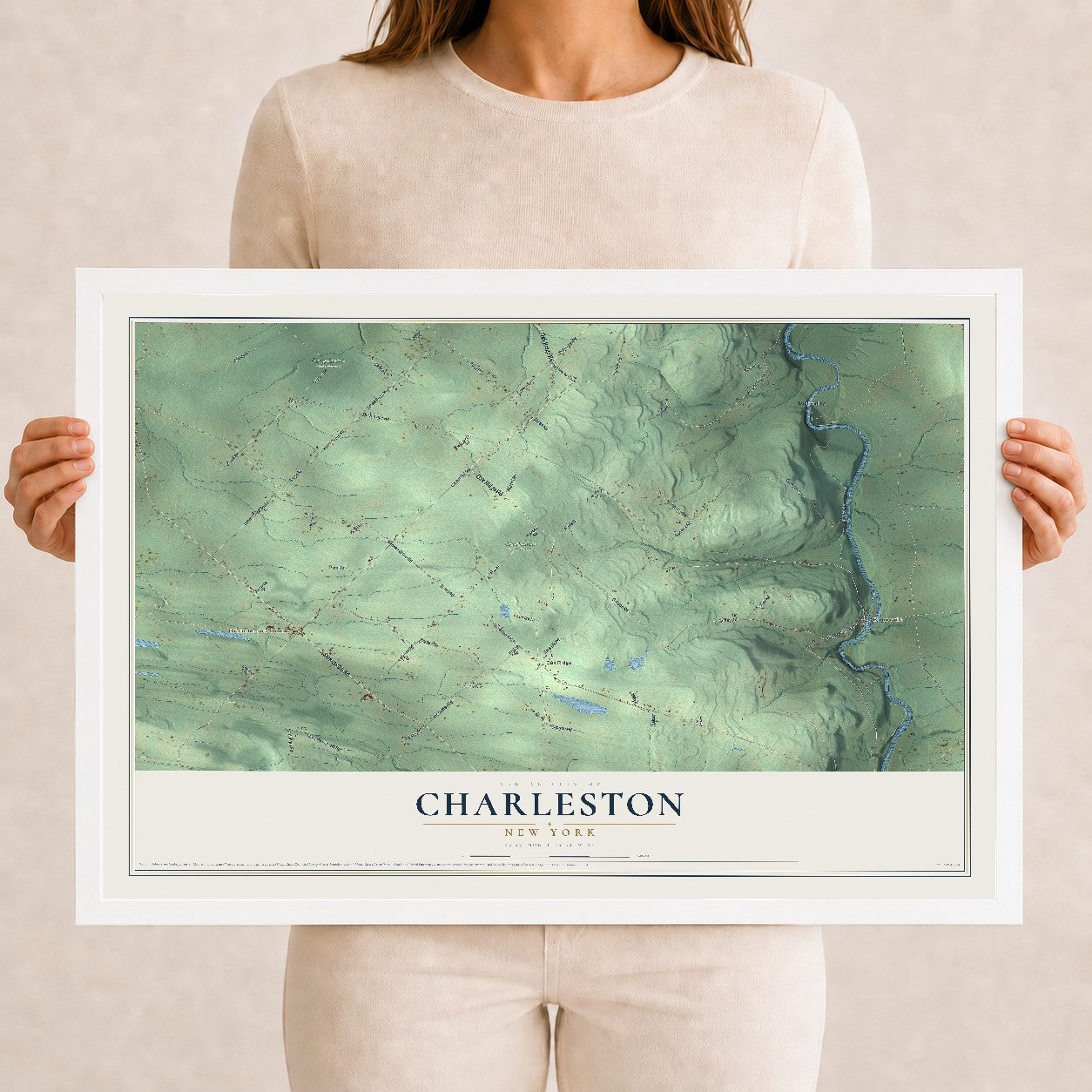 Charleston, New York map print, 12" x 18" W/ White Ayous Wood Frame mockup
