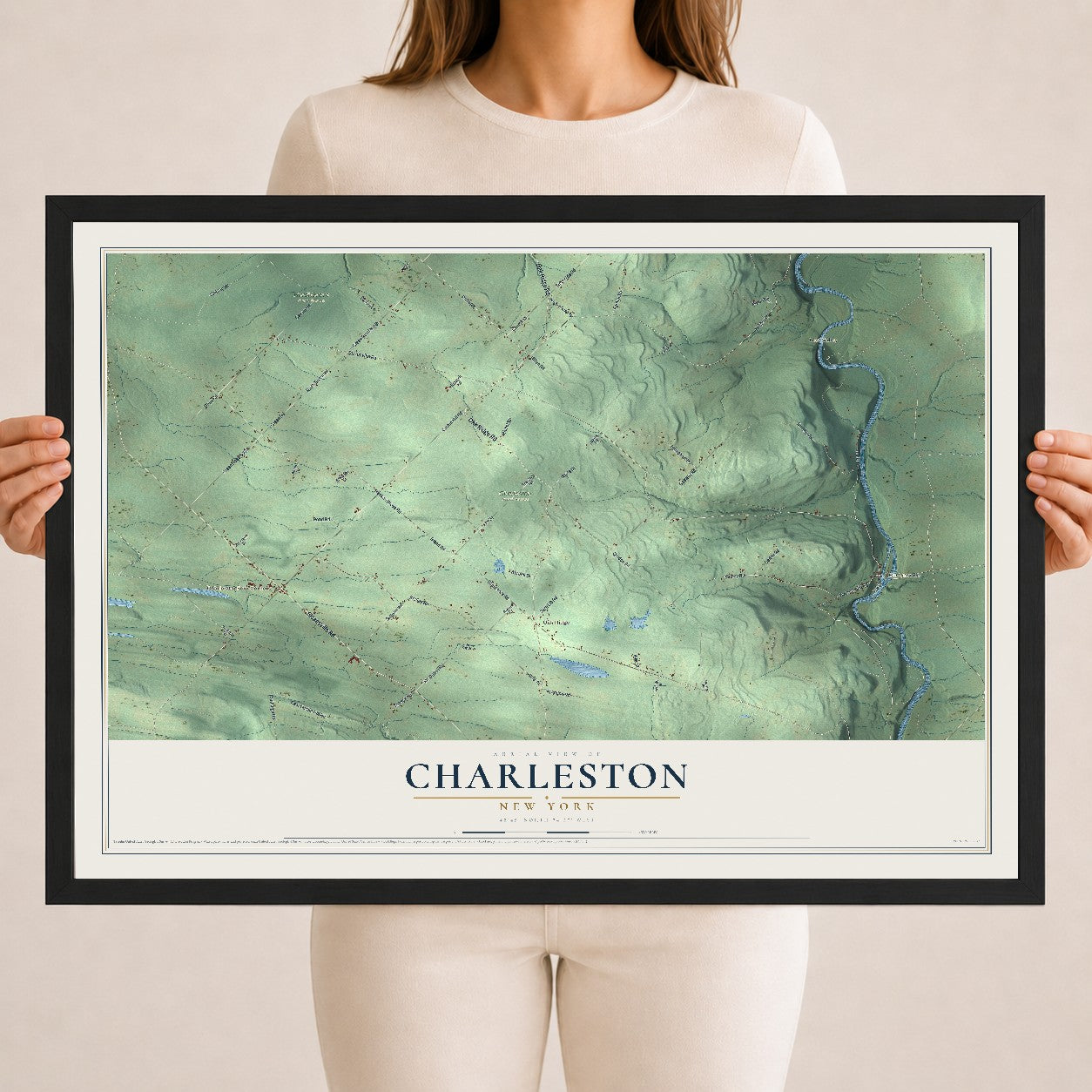 Charleston, New York map print, 18" x 24" W/ Black Ayous Wood Frame mockup