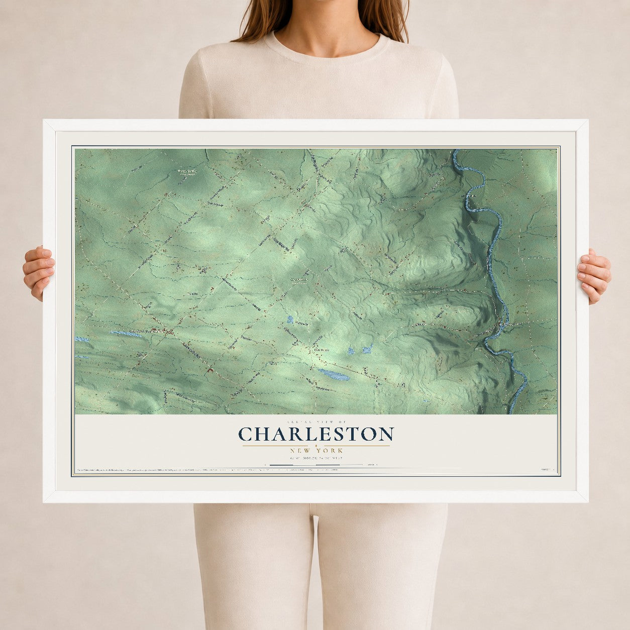 Charleston, New York map print, 24" x 36" W/ White Ayous Wood Frame mockup