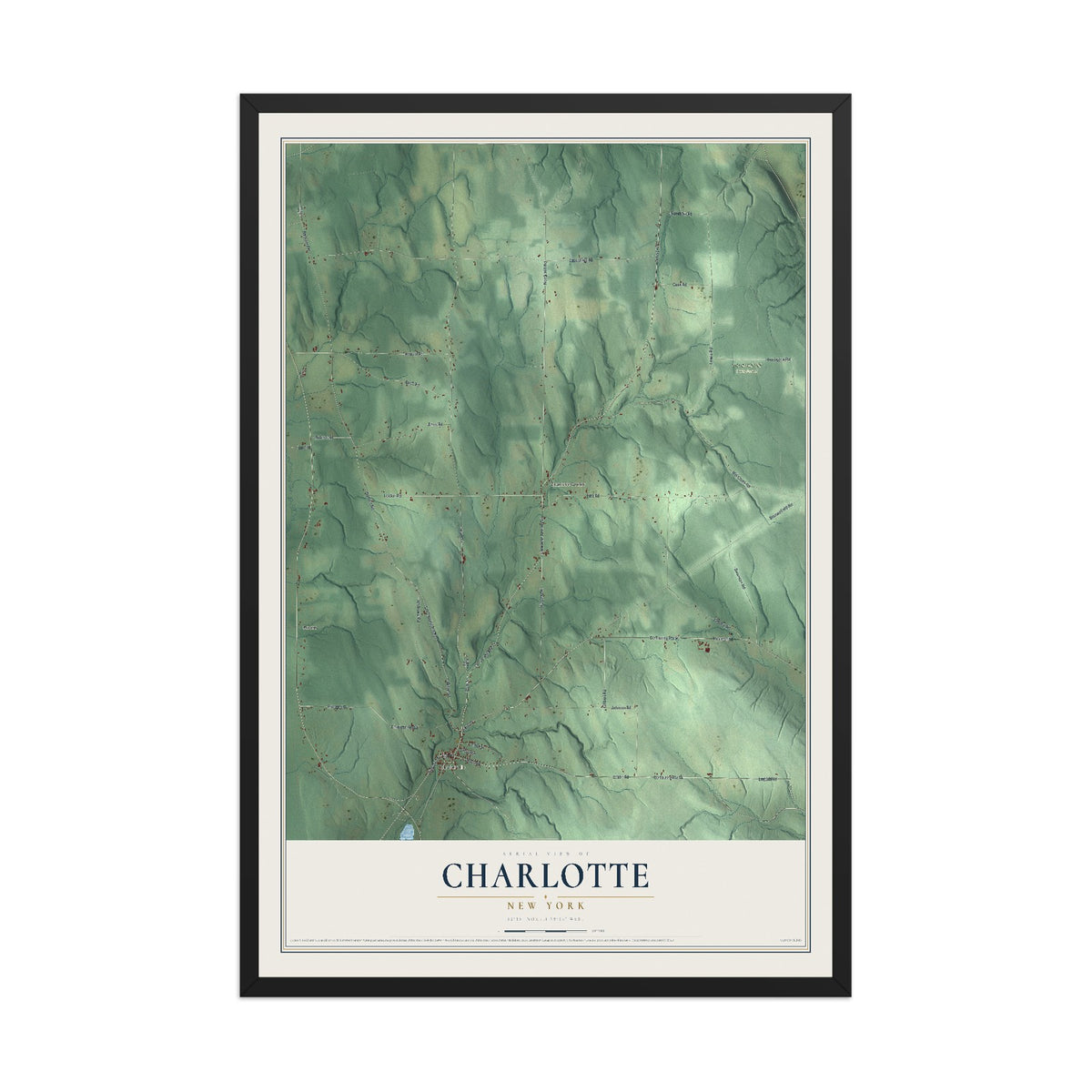 Charlotte, New York map print, 12" x 18" W/ Black Ayous Wood Frame mockup