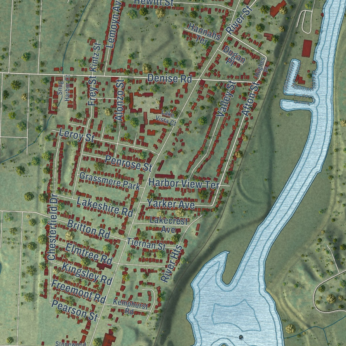 Close-up of the map of Charlotte, Rochester, New York print showing street and building detail