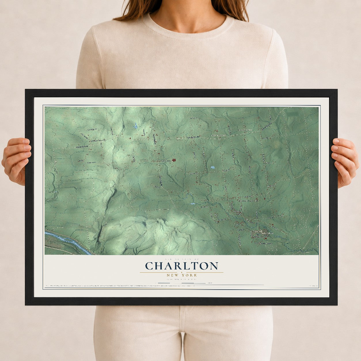 Charlton, New York map print, 12" x 18" W/ Black Ayous Wood Frame mockup