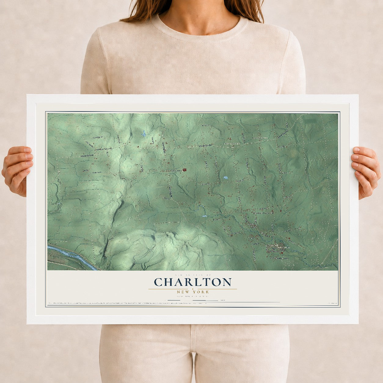 Charlton, New York map print, 12" x 18" W/ White Ayous Wood Frame mockup