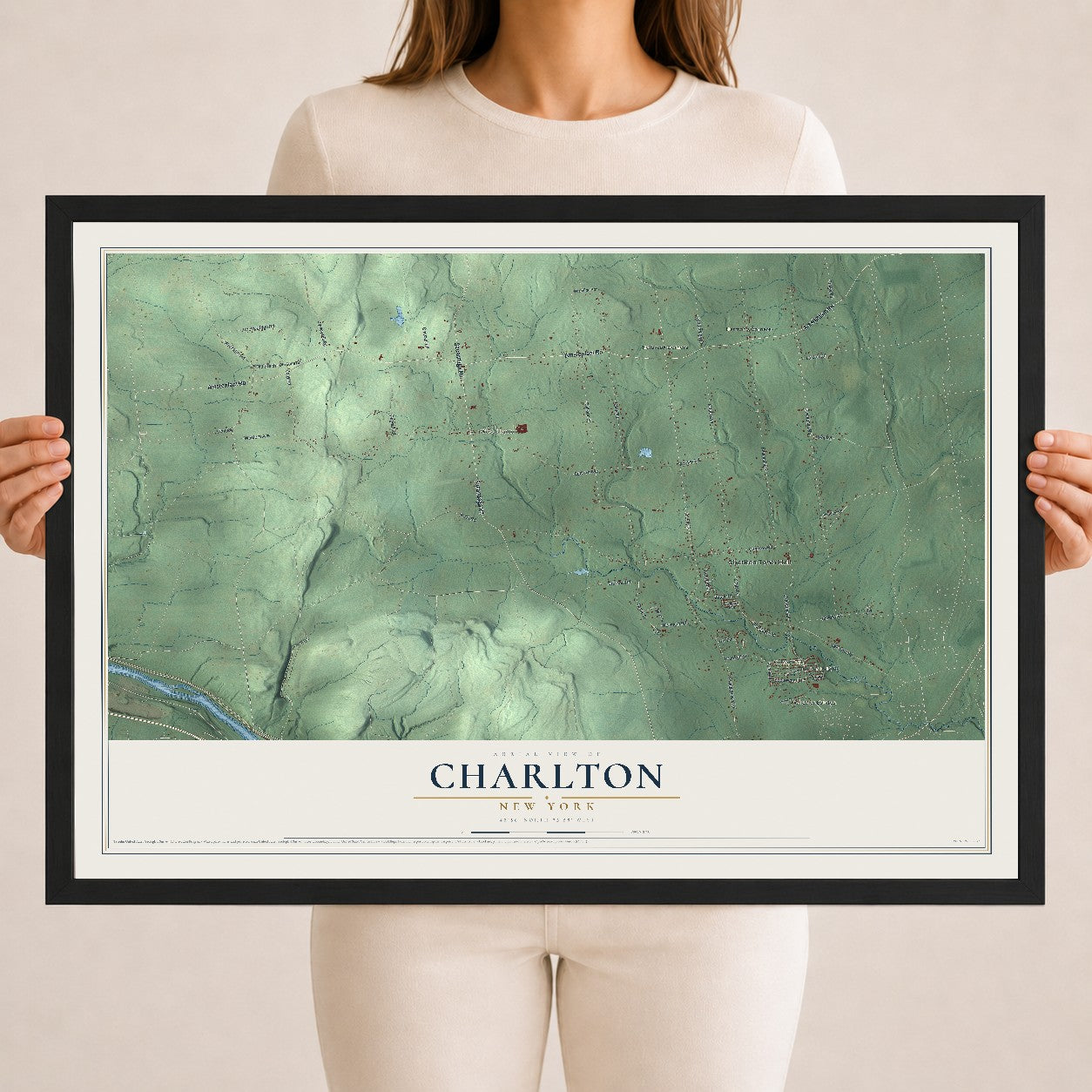Charlton, New York map print, 18" x 24" W/ Black Ayous Wood Frame mockup