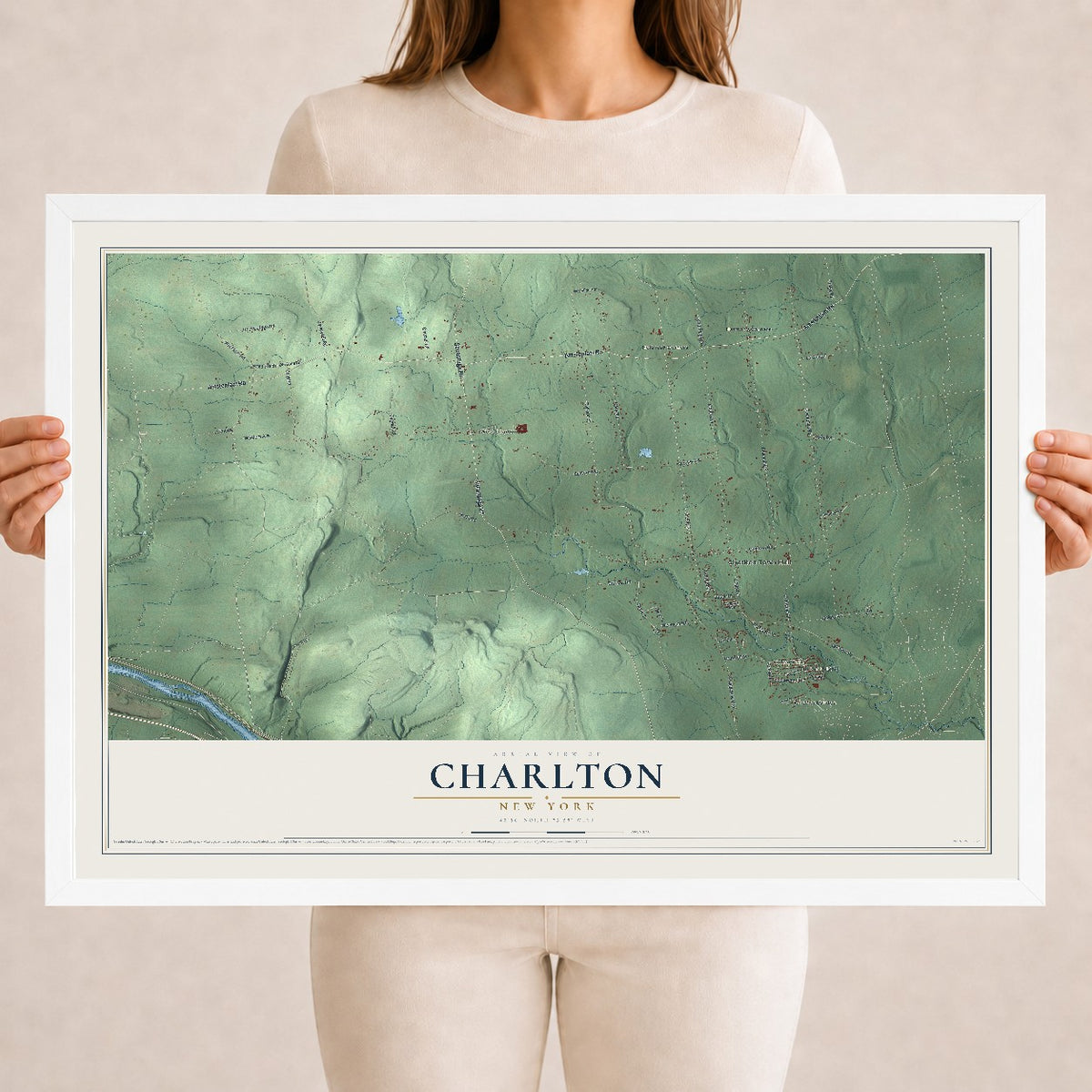 Charlton, New York map print, 18" x 24" W/ White Ayous Wood Frame mockup