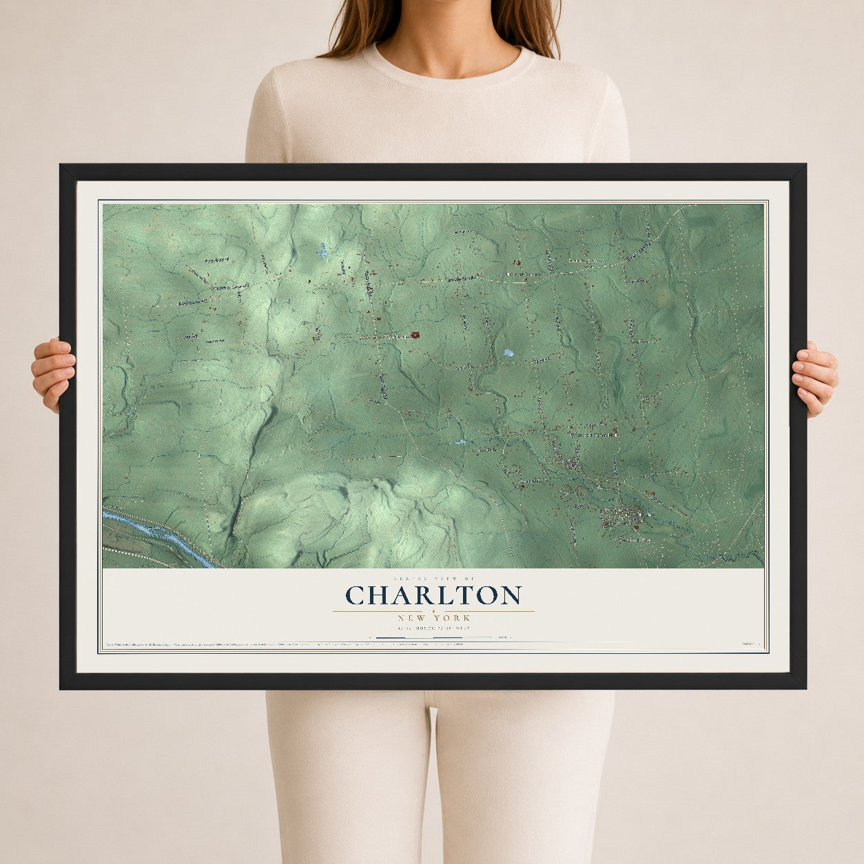 Charlton, New York map print, 24" x 36" W/ Black Ayous Wood Frame mockup