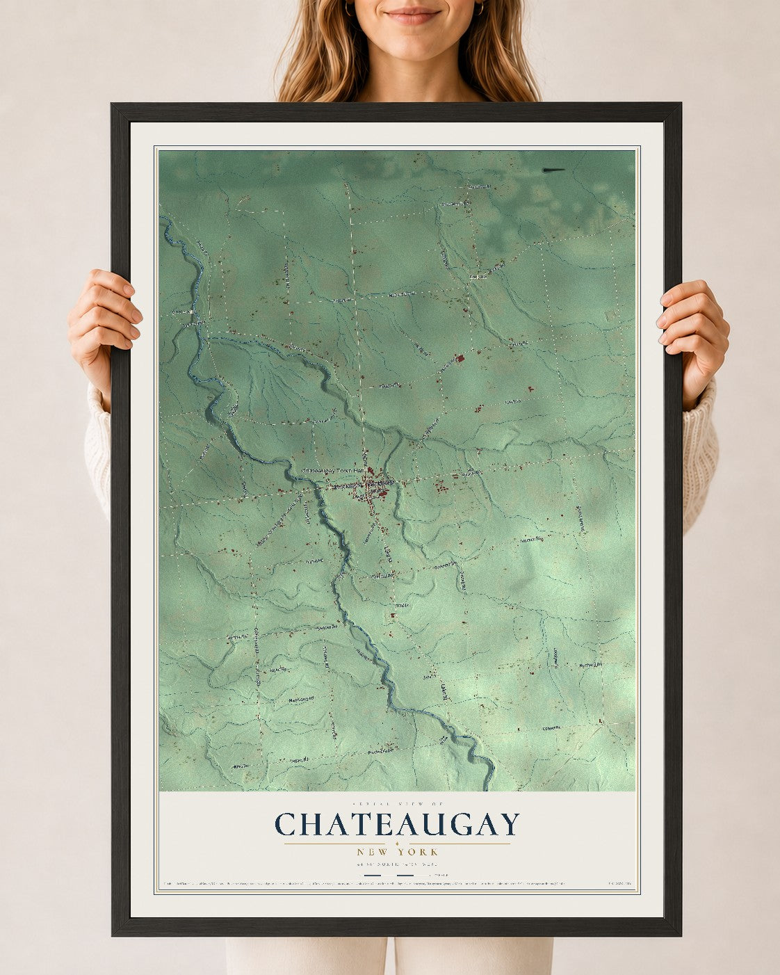Chateaugay, New York map print, 24" x 36" W/ Black Ayous Wood Frame mockup