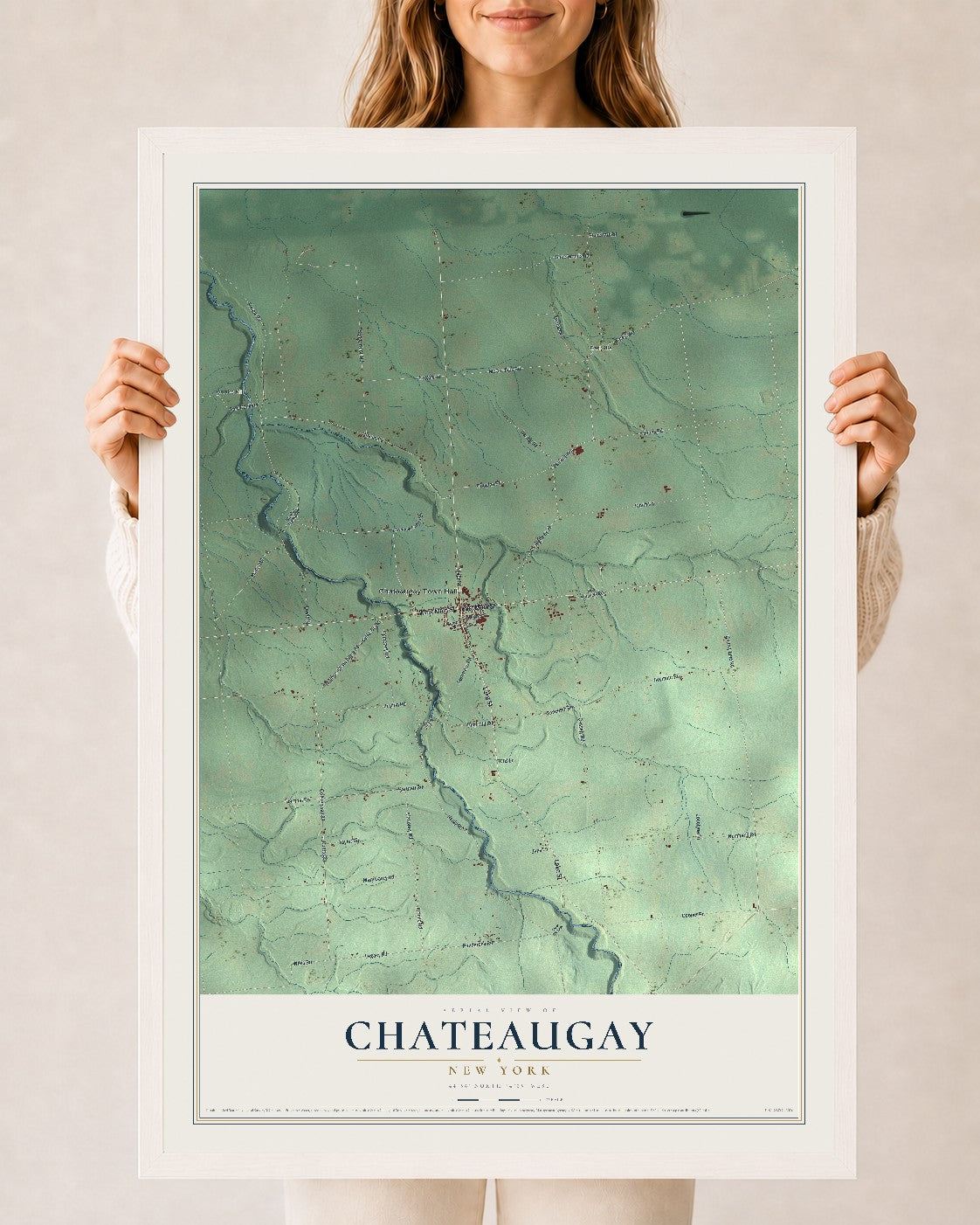 Chateaugay, New York map print, 24" x 36" W/ White Ayous Wood Frame mockup