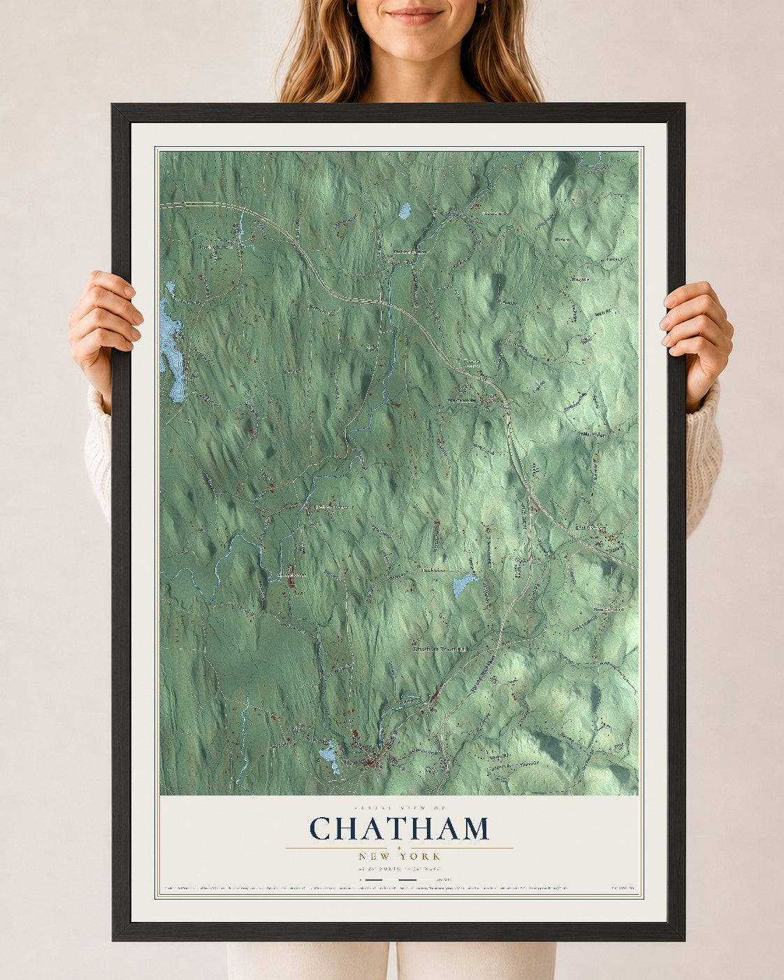Chatham, New York map print, 24" x 36" W/ Black Ayous Wood Frame mockup