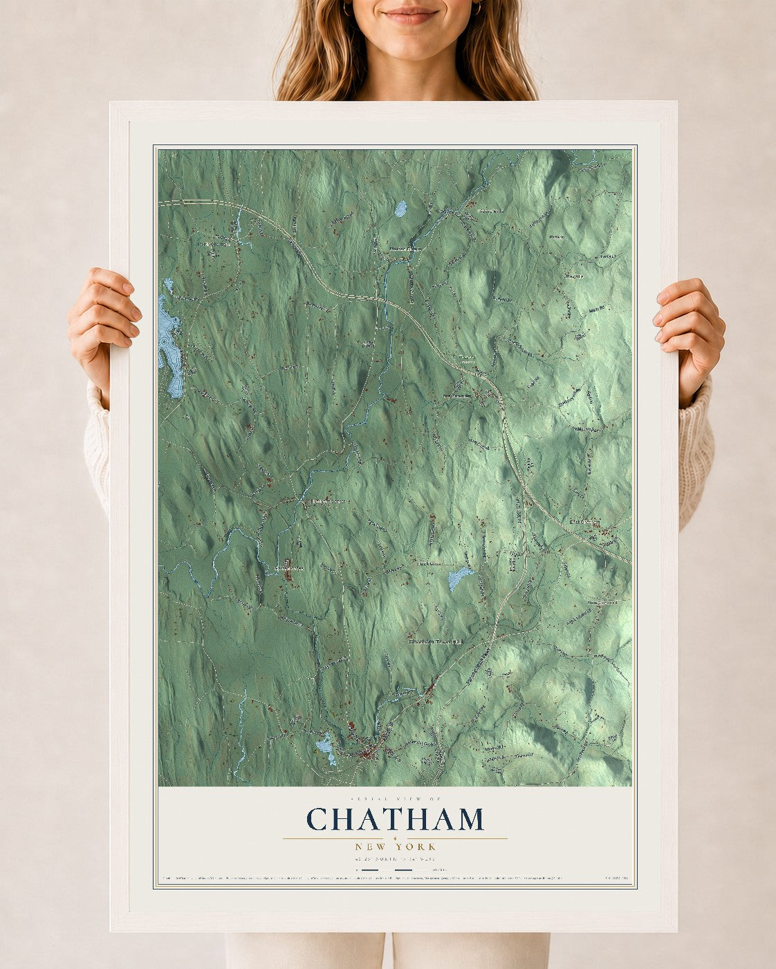 Chatham, New York map print, 24" x 36" W/ White Ayous Wood Frame mockup