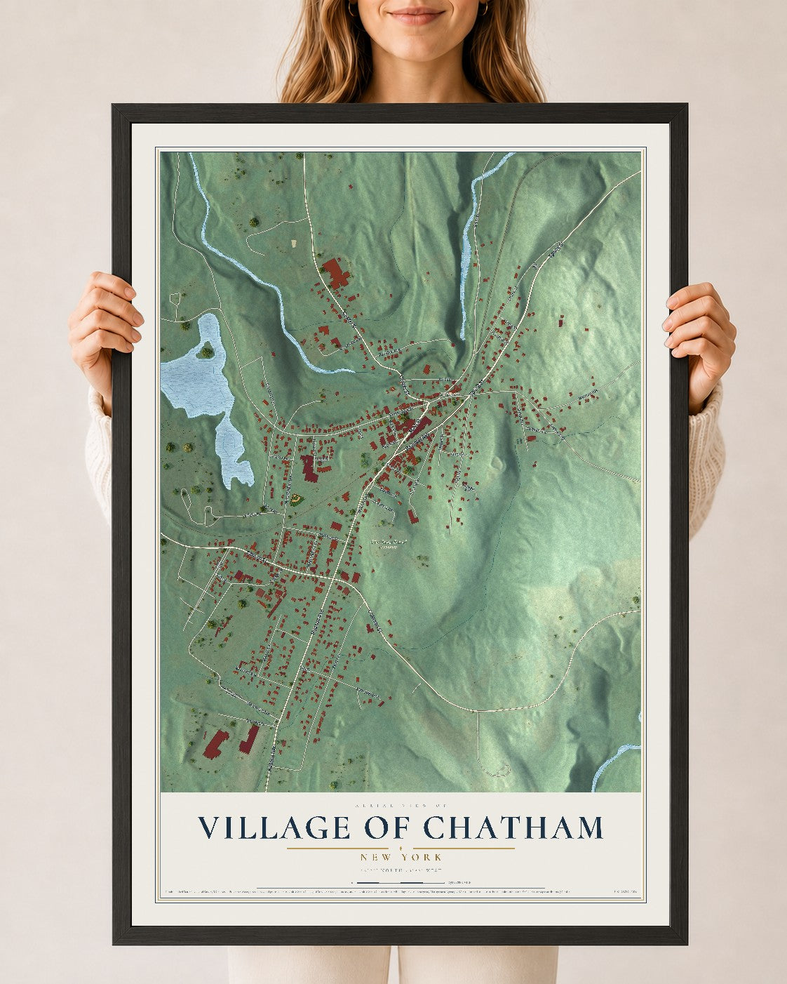 Chatham, New York map print, 24" x 36" W/ Black Ayous Wood Frame mockup