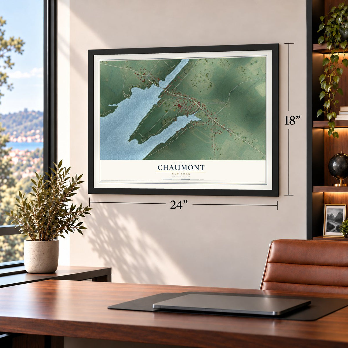 Chaumont, New York map, 18 x 24 inch print in a black frame in a home office