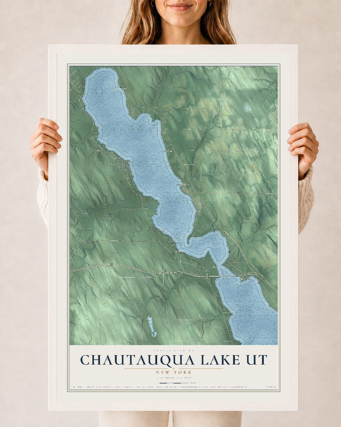 Chautauqua Lake UT, New York map print, 24" x 36" W/ White Ayous Wood Frame mockup