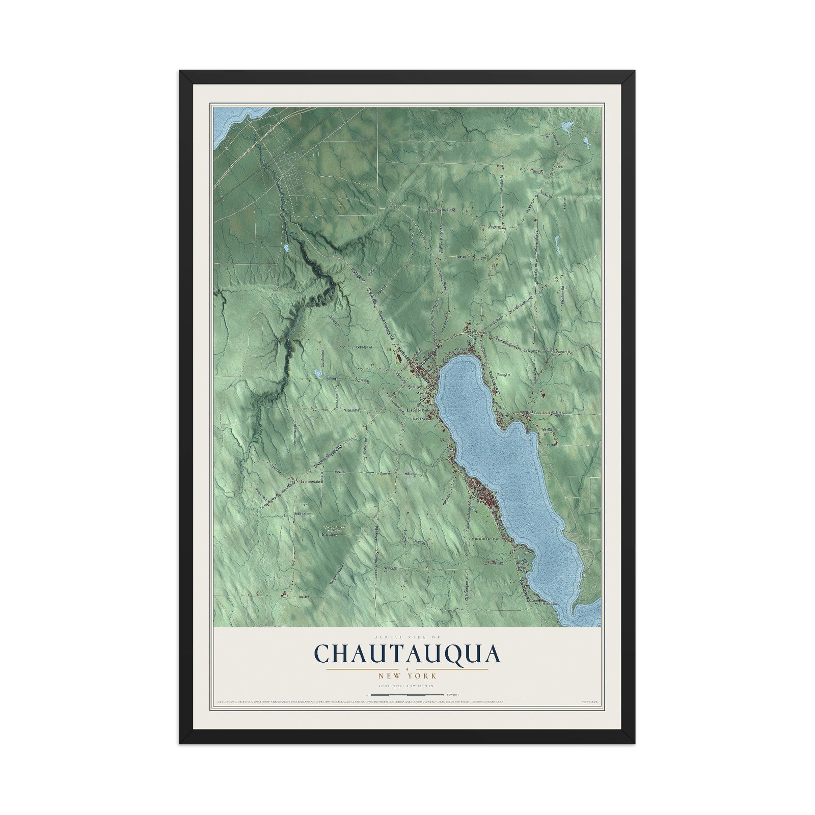 Chautauqua, New York map print, 12" x 18" W/ Black Ayous Wood Frame mockup