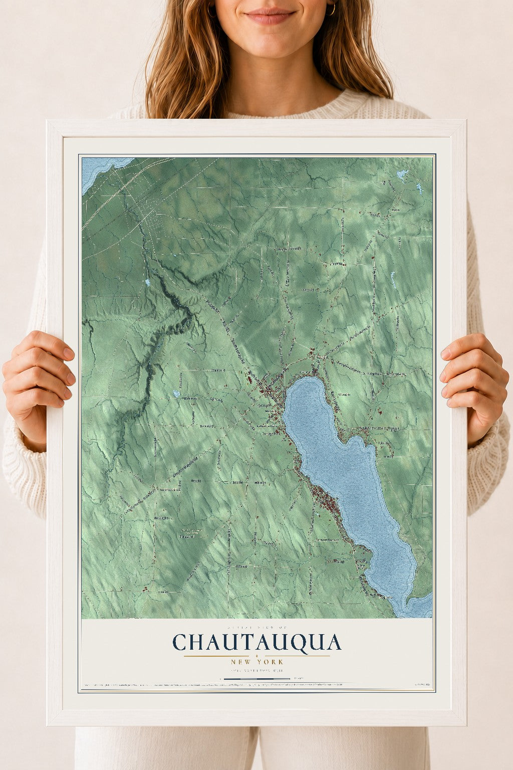 Chautauqua, New York map print, 18" x 24" W/ White Ayous Wood Frame mockup