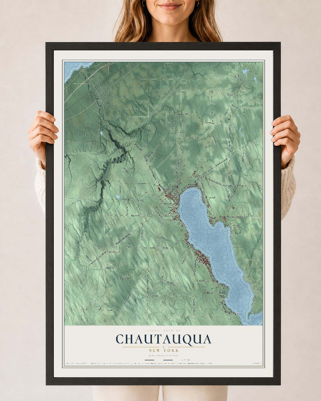 Chautauqua, New York map print, 24" x 36" W/ Black Ayous Wood Frame mockup