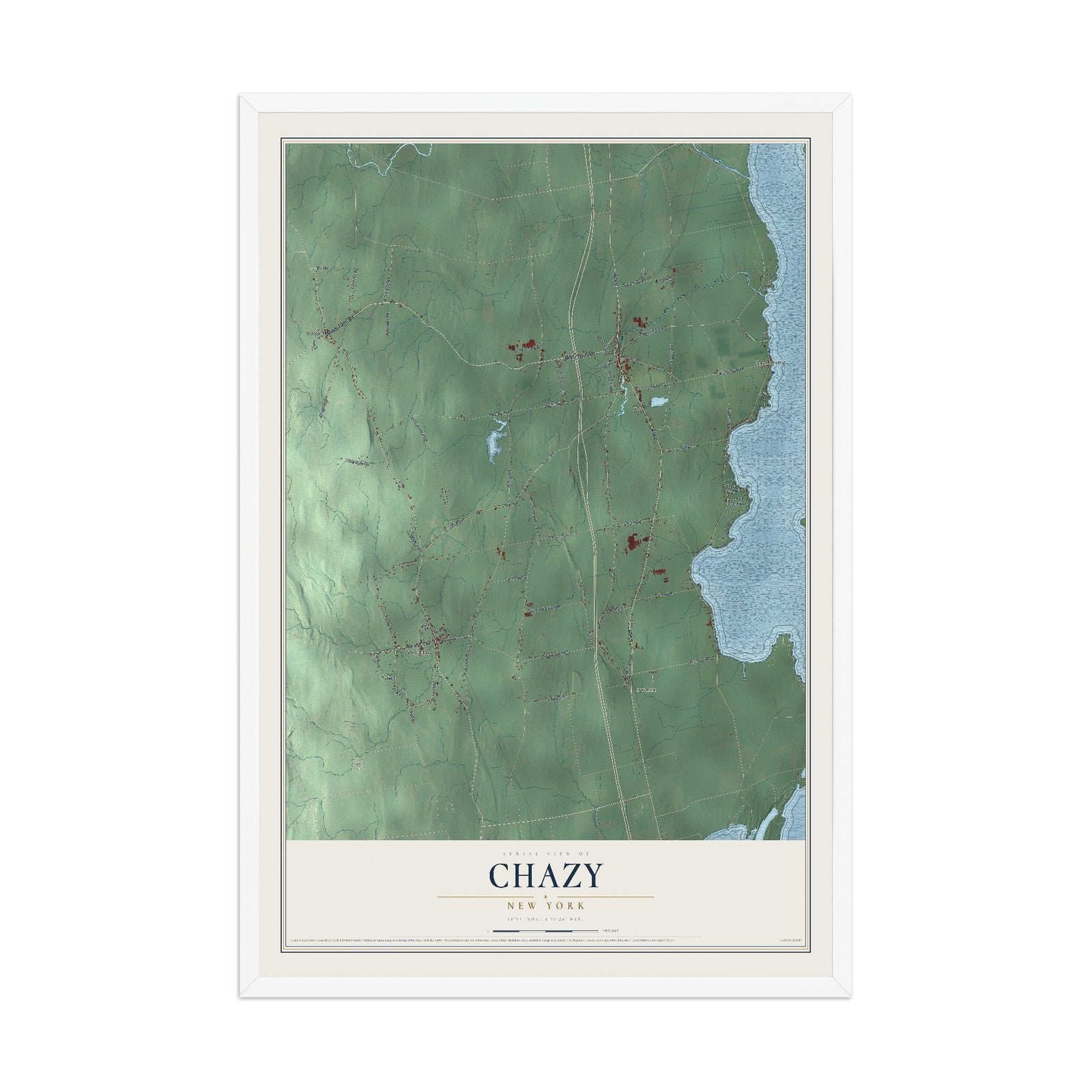 Chazy, New York map print, 12" x 18" W/ White Ayous Wood Frame mockup
