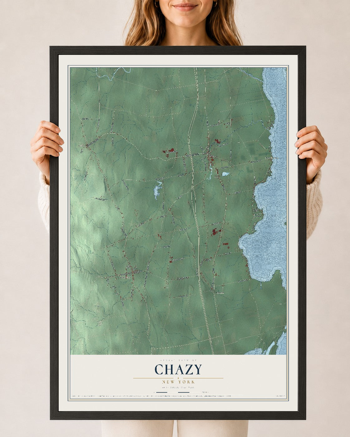 Chazy, New York map print, 24" x 36" W/ Black Ayous Wood Frame mockup