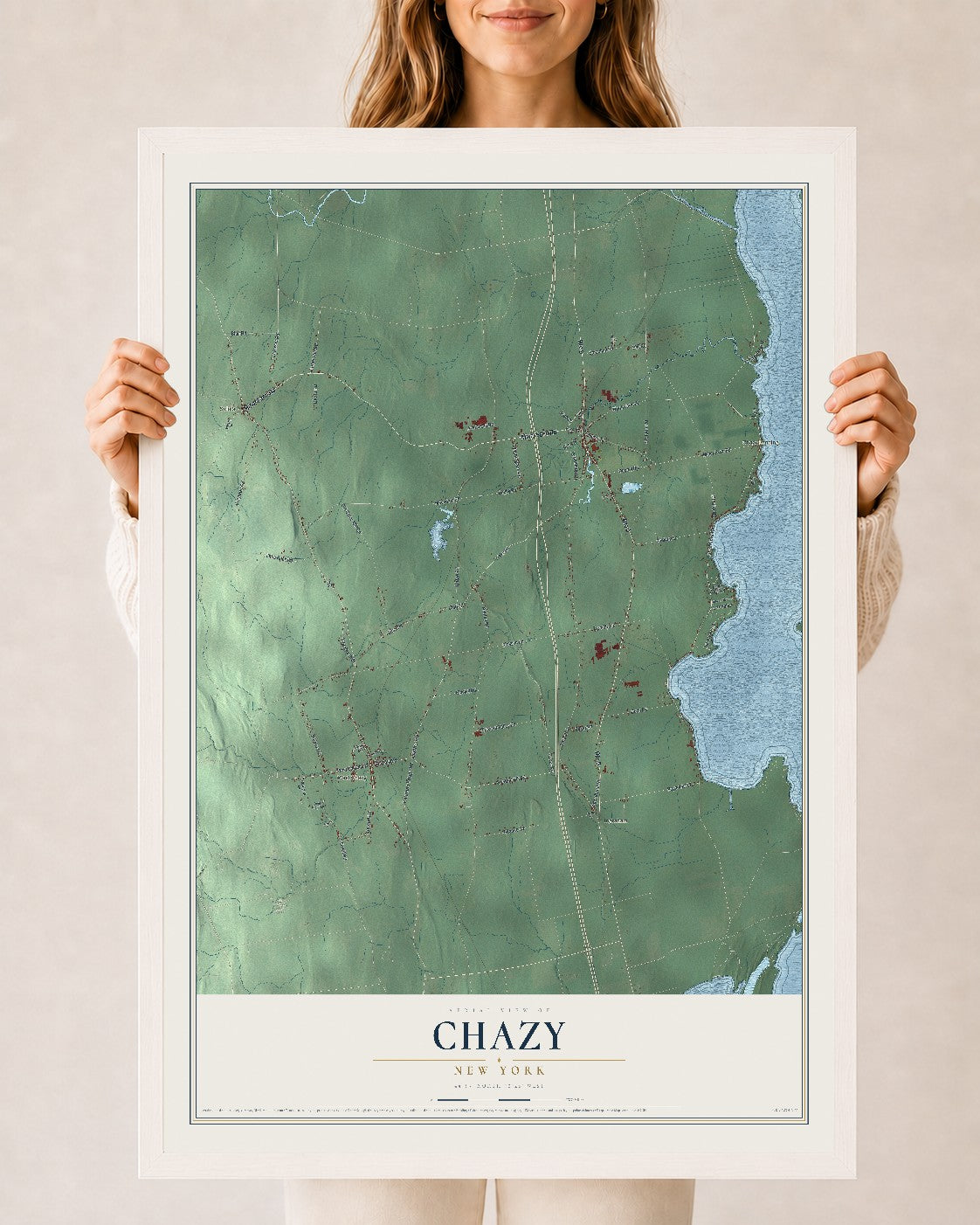 Chazy, New York map print, 24" x 36" W/ White Ayous Wood Frame mockup