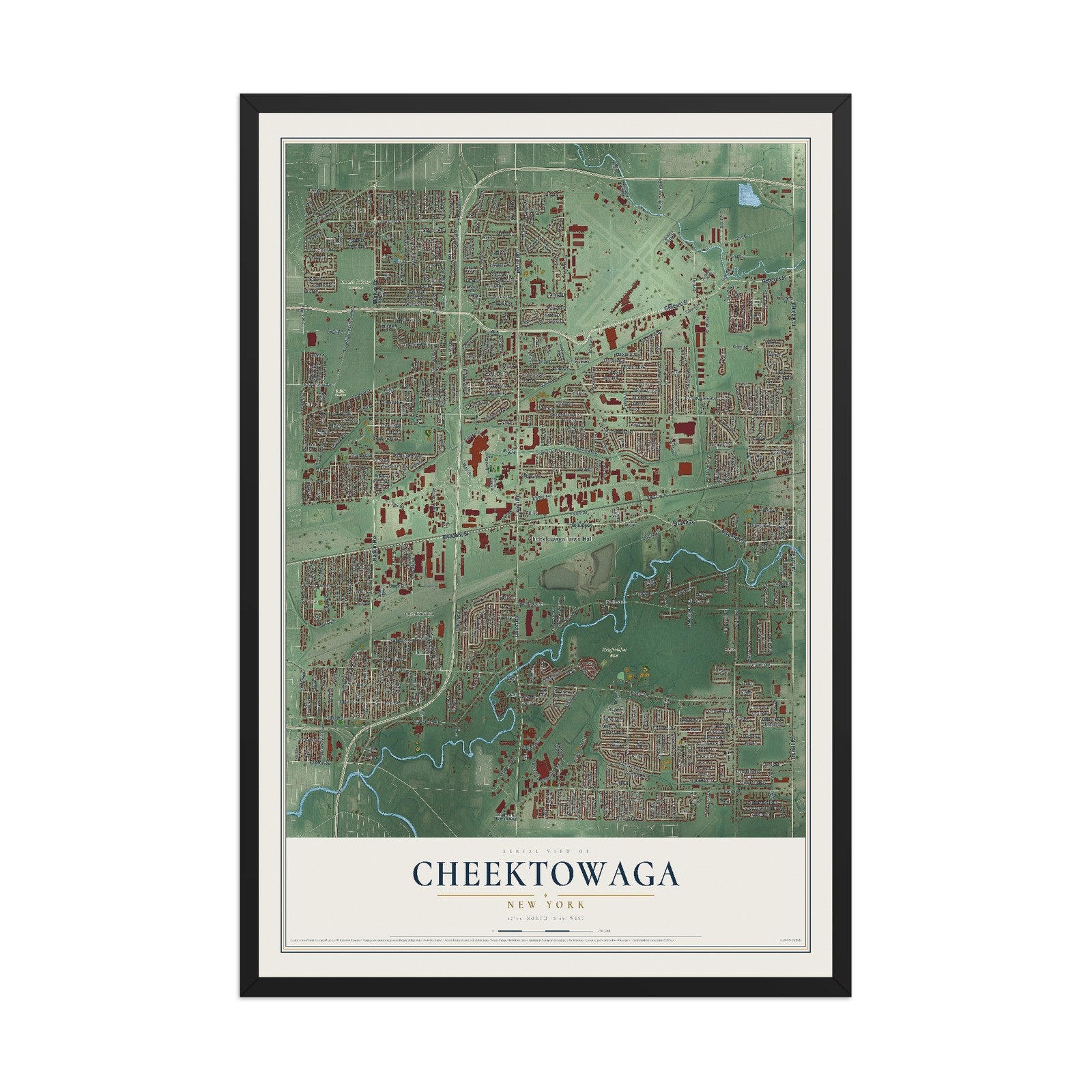Cheektowaga, New York map print, 12" x 18" W/ Black Ayous Wood Frame mockup