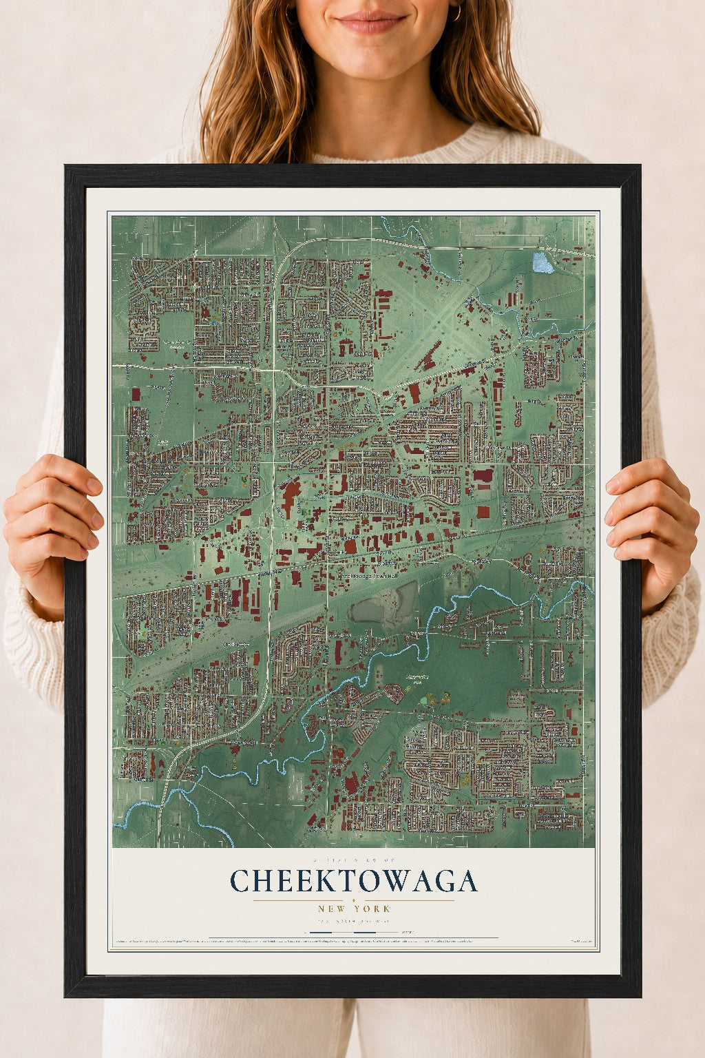 Cheektowaga, New York map print, 18" x 24" W/ Black Ayous Wood Frame mockup