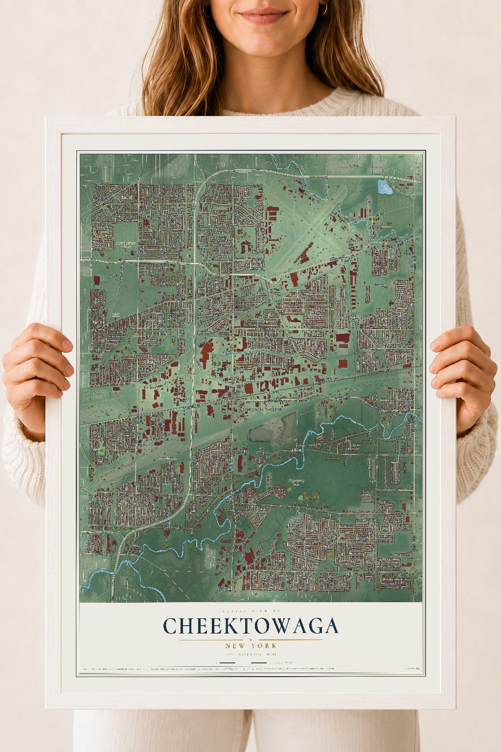 Cheektowaga, New York map print, 18" x 24" W/ White Ayous Wood Frame mockup