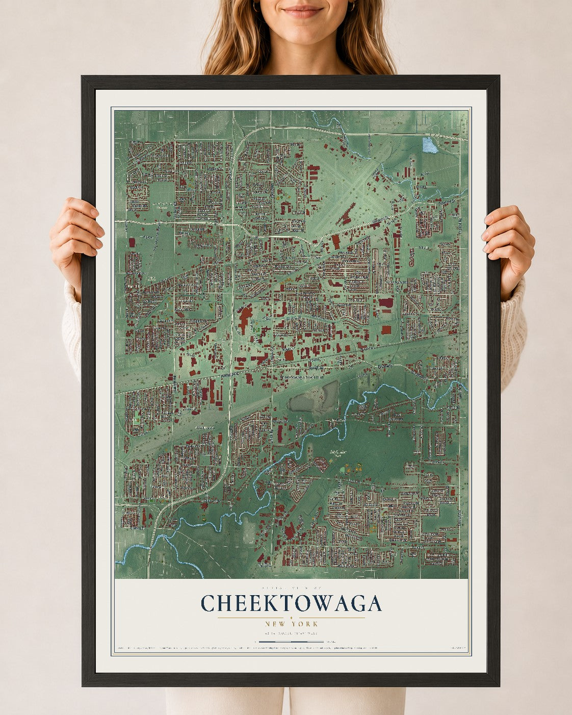 Cheektowaga, New York map print, 24" x 36" W/ Black Ayous Wood Frame mockup