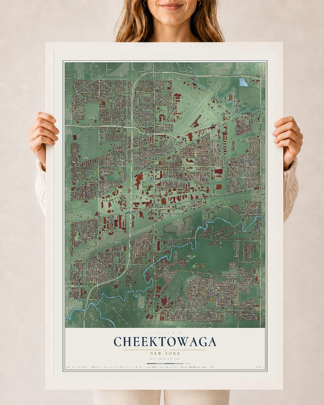 Cheektowaga, New York map print, 24" x 36" W/ White Ayous Wood Frame mockup