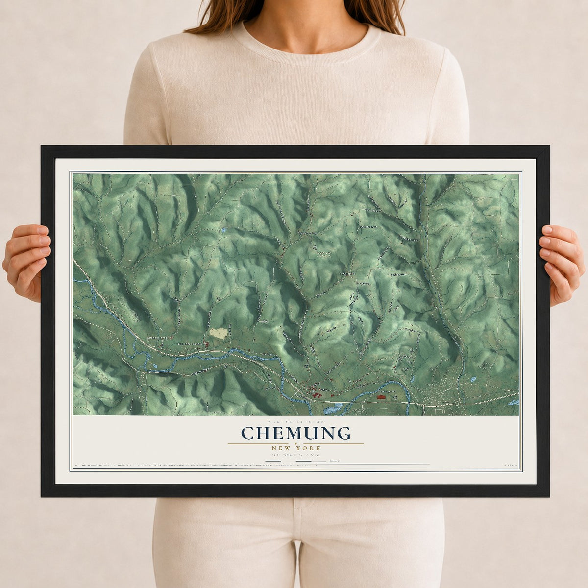 Chemung, New York map print, 12" x 18" W/ Black Ayous Wood Frame mockup