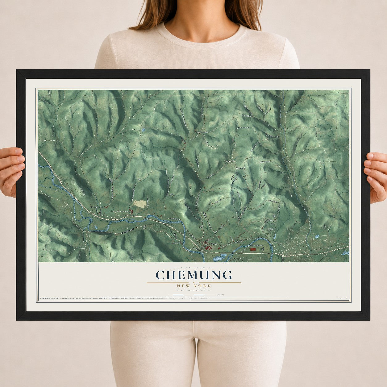 Chemung, New York map print, 18" x 24" W/ Black Ayous Wood Frame mockup