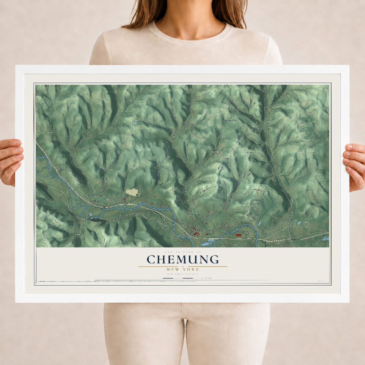 Chemung, New York map print, 18" x 24" W/ White Ayous Wood Frame mockup