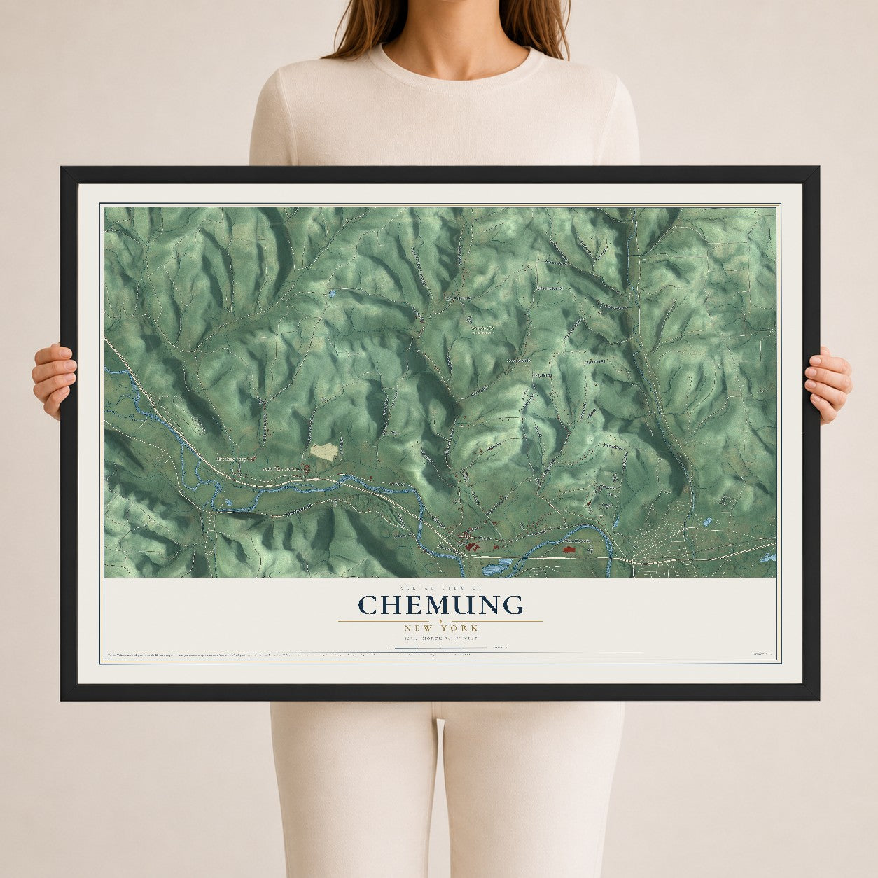 Chemung, New York map print, 24" x 36" W/ Black Ayous Wood Frame mockup
