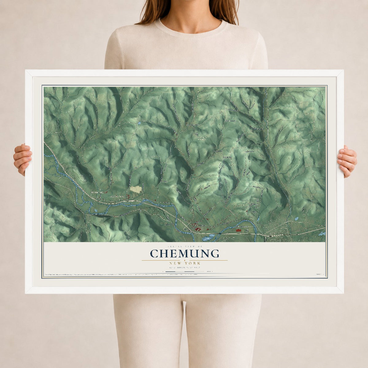 Chemung, New York map print, 24" x 36" W/ White Ayous Wood Frame mockup