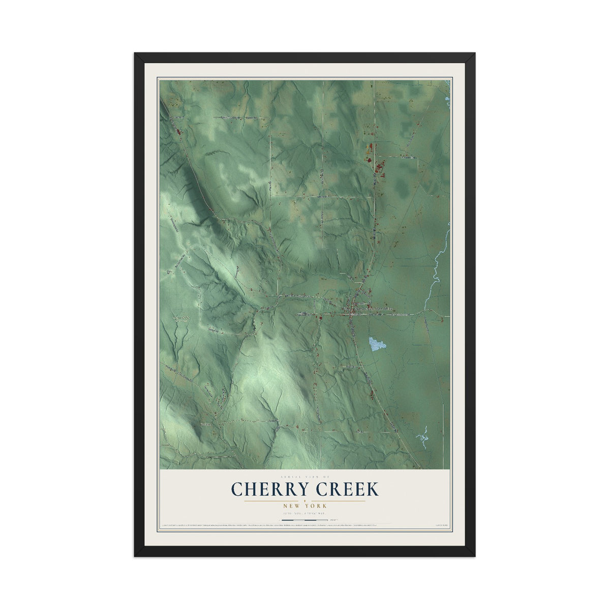 Cherry Creek, New York map print, 12" x 18" W/ Black Ayous Wood Frame mockup