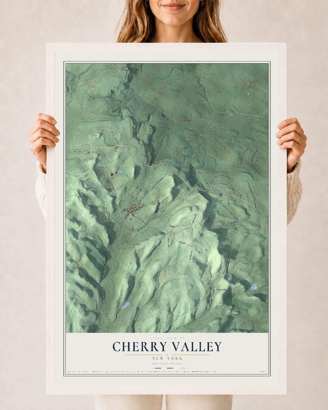 Cherry Valley, New York map print, 24" x 36" W/ White Ayous Wood Frame mockup