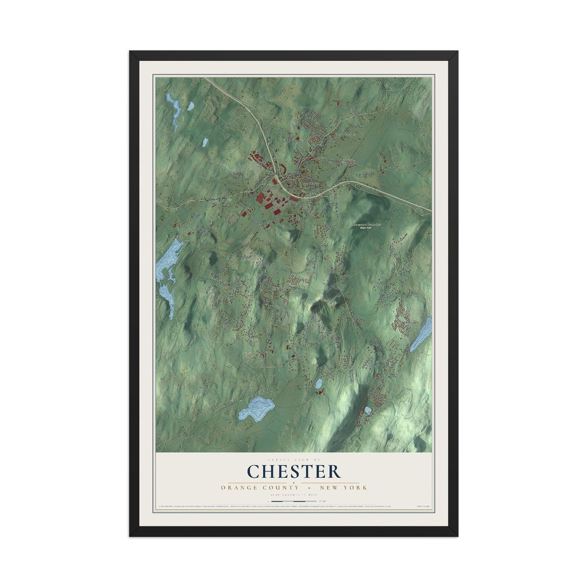 Map of Chester, Orange County, New York, 12 x 18 inch print in a black wood frame